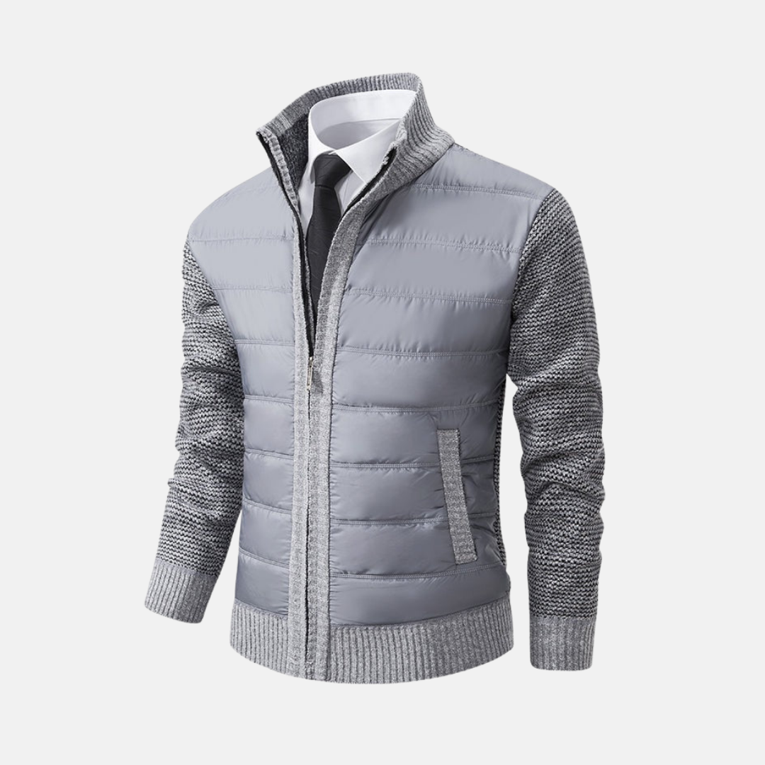 Burgundy slim fit men's jacket with stand collar and contrasting knitted sleeves, acrylic blend