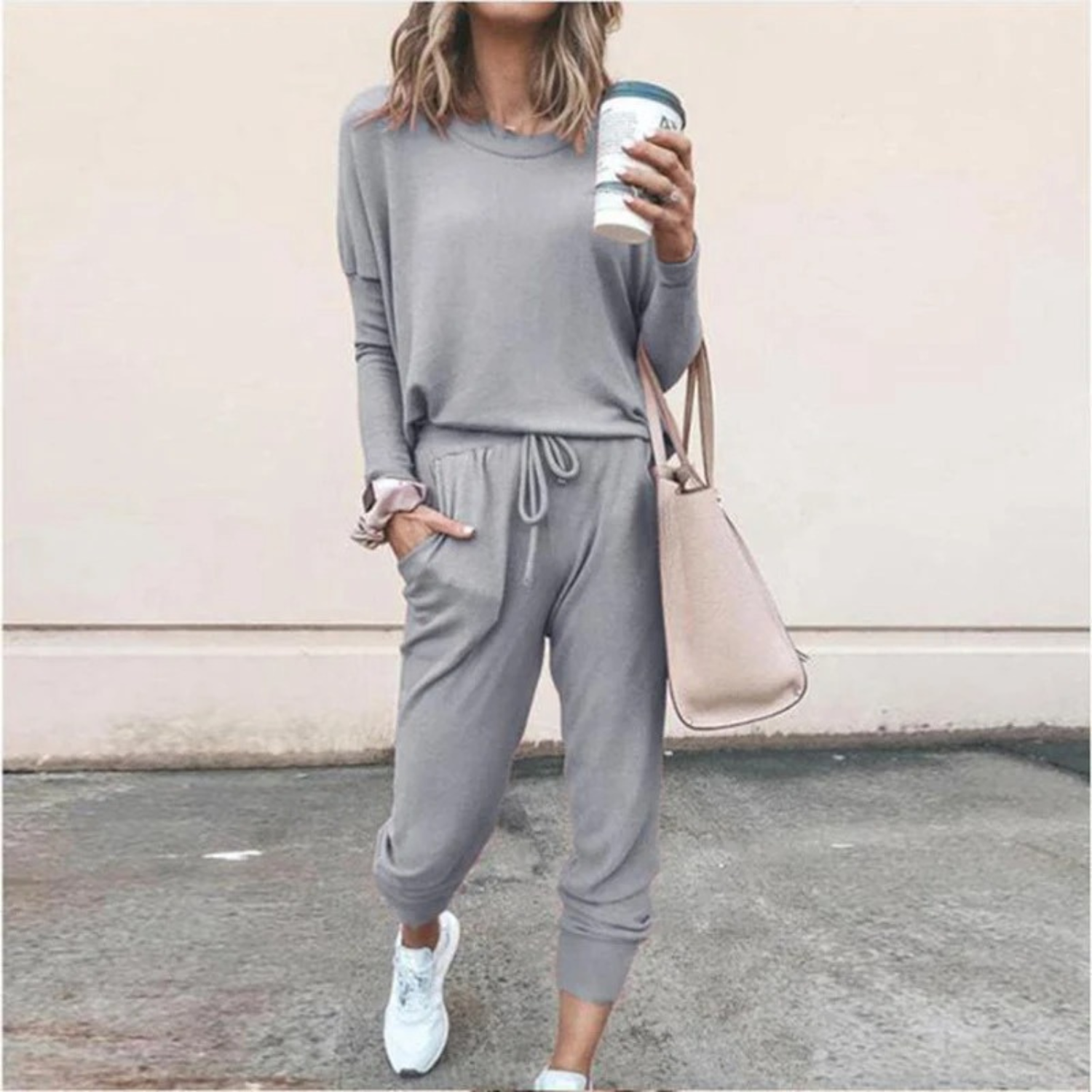 Women's gray relaxed jogger lounge set coordinated two-piece with loose silhouette