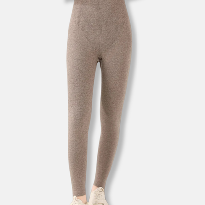 Women's slim fit full-length knit stretch leggings with ribbed waistband in neutral tone