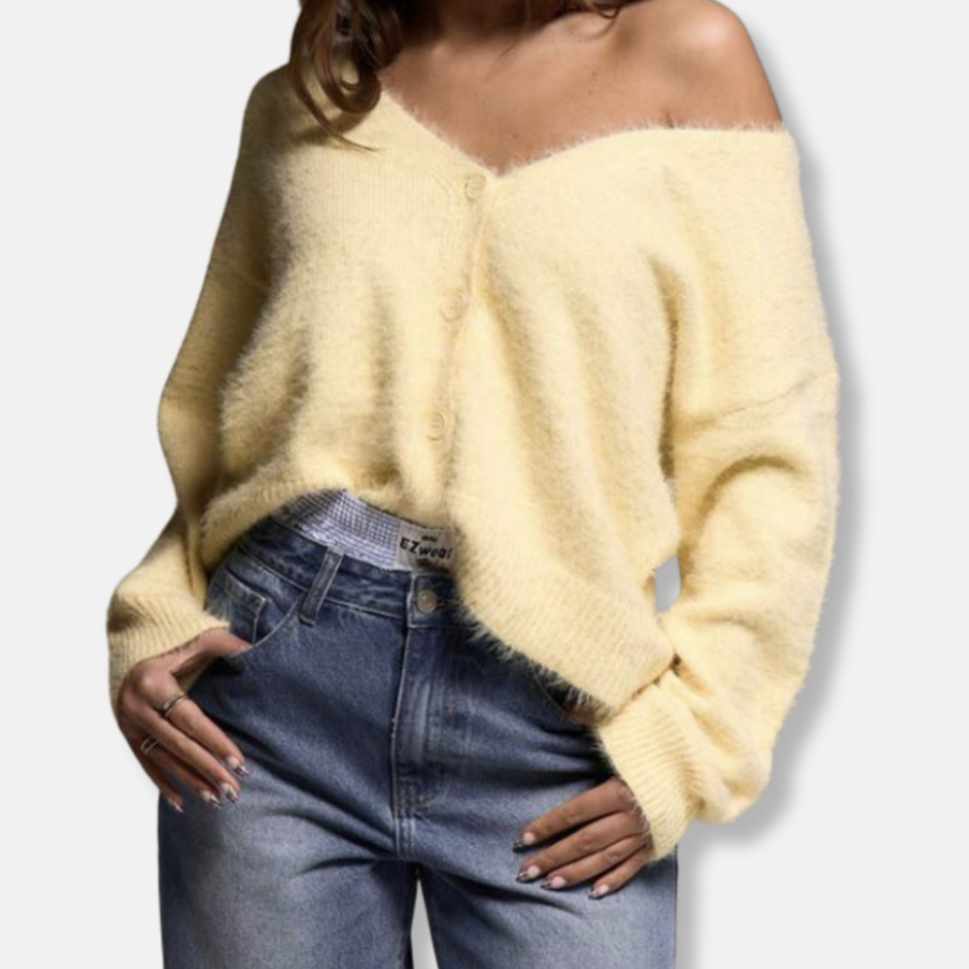Women's oversized brushed knit cardigan, V-neck with single-button closure, relaxed elegant fit