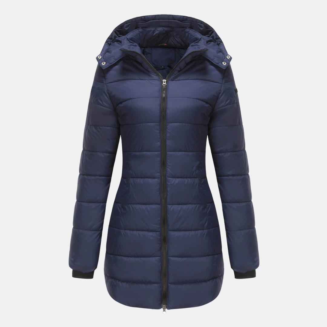 Women's mid-length quilted puffer jacket with detachable hood and ribbed cuffs for cozy warmth