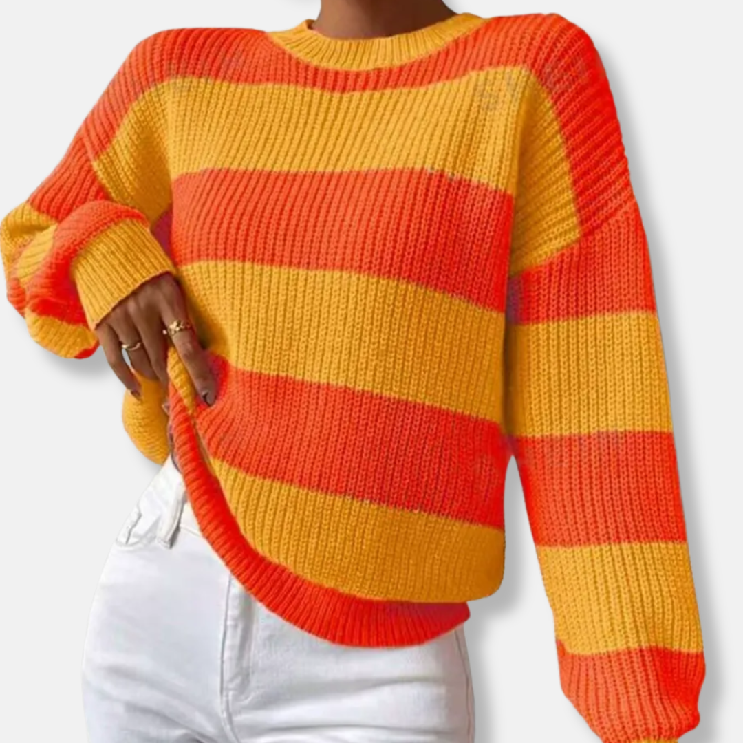 Women's striped ribbed knit sweatshirt loose fit beige ivory balloon sleeves relaxed silhouette