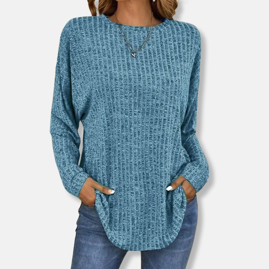Women's relaxed fit ribbed knit pullover top long sleeve curved hem in cozy layerable style