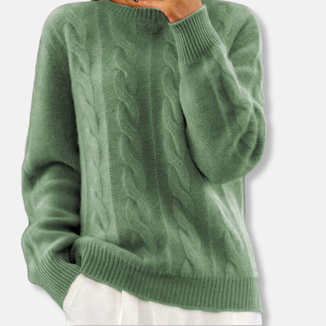 Women's ivory cable knit crewneck sweater relaxed fit long sleeve wool cashmere blend
