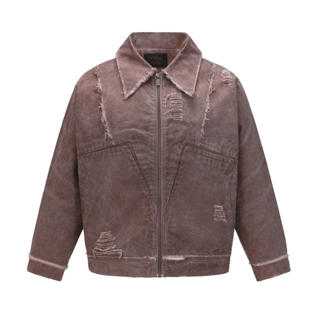Oversized cotton jacket with frayed seam detailing, raw hem accents, and muted tones in regular fit