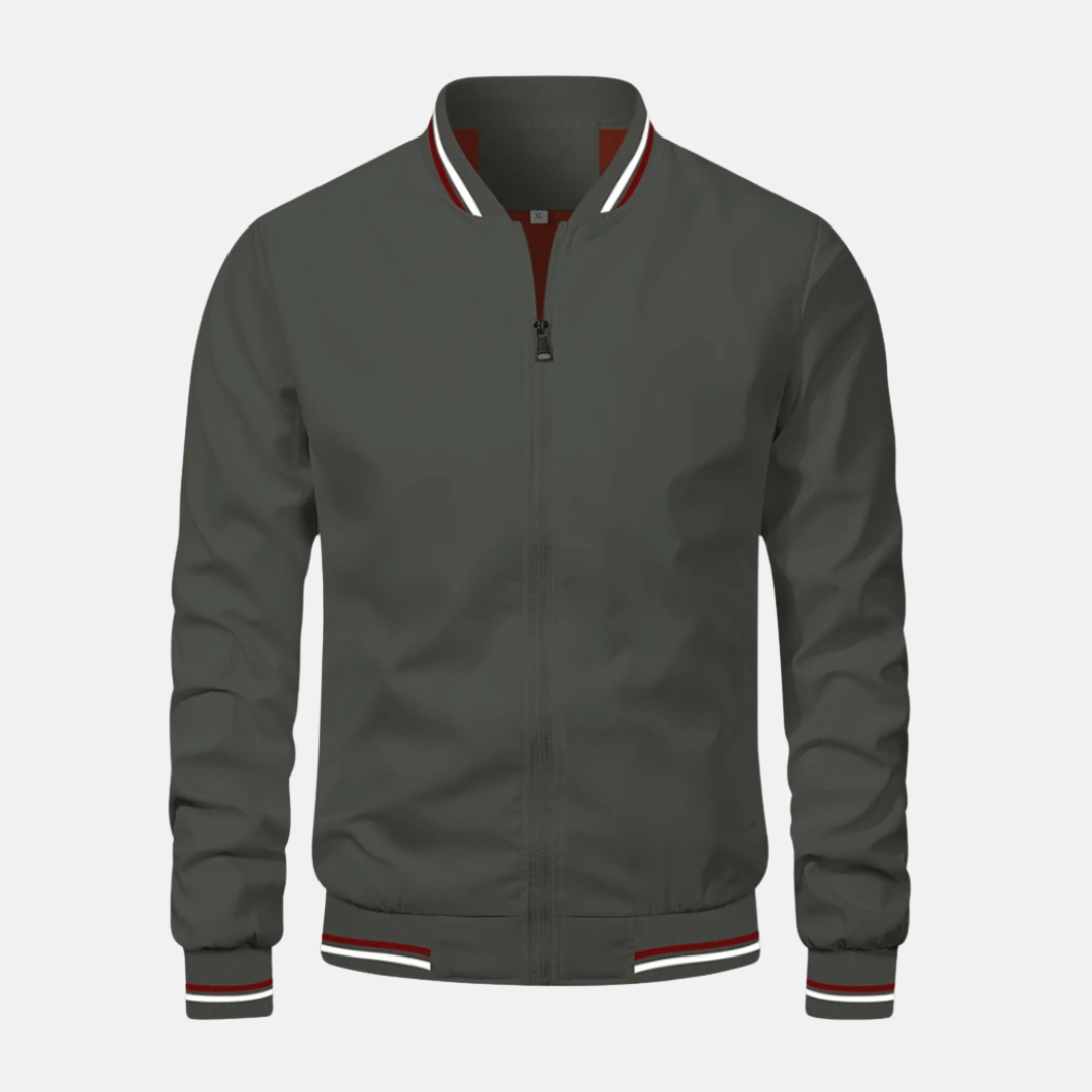 Men's lightweight PU leather bomber jacket relaxed fit zip closure striped ribbed edges Wavlynn