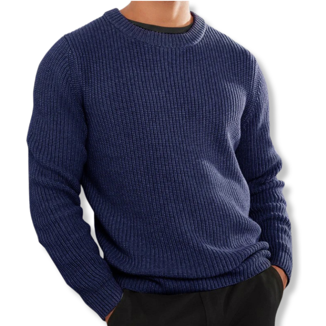 Men's relaxed fit crew neck knit sweater in warm neutral tone, long sleeve casual everyday layer