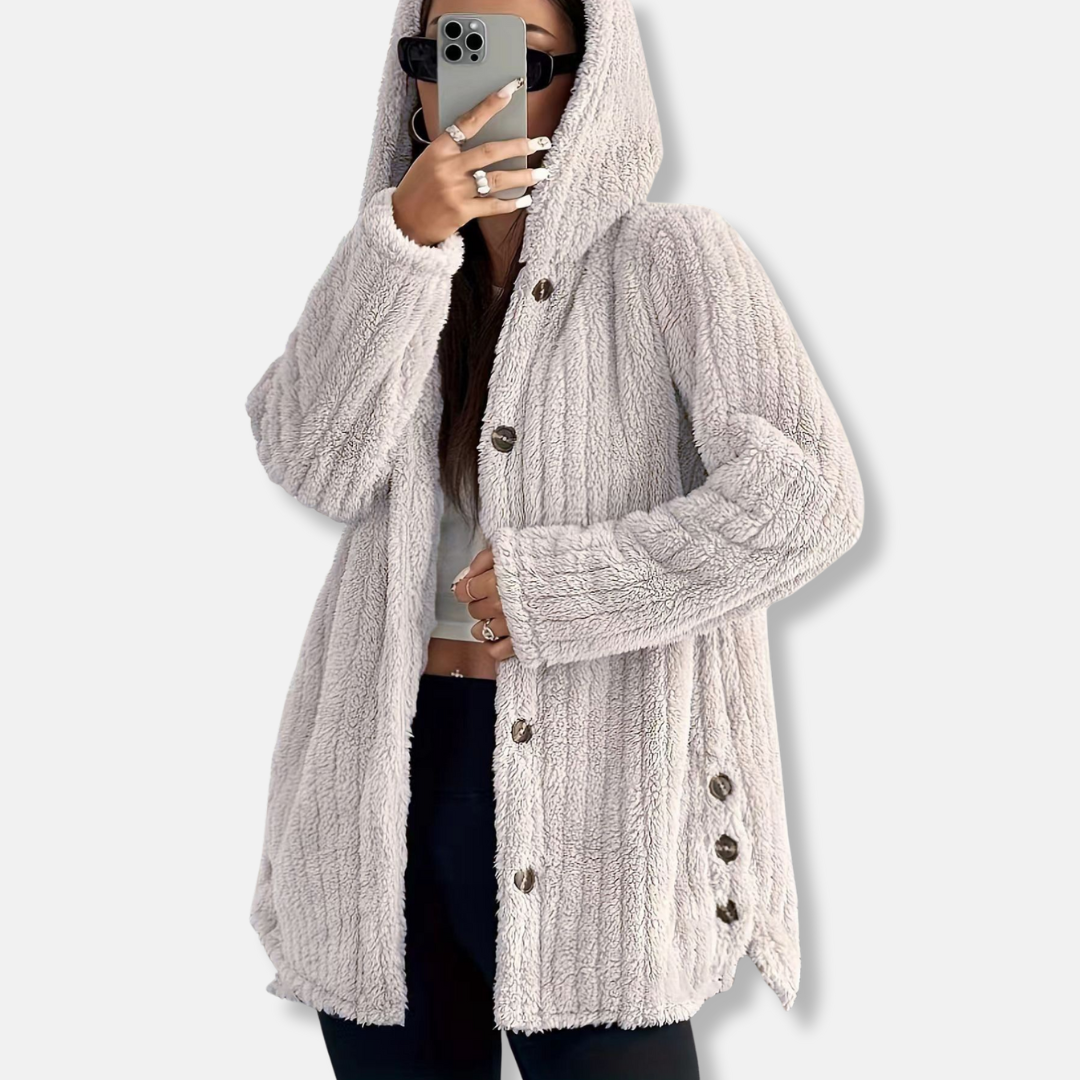 Women's ivory plush faux shearling hooded coat, loose relaxed fit, mid-length cozy outerwear