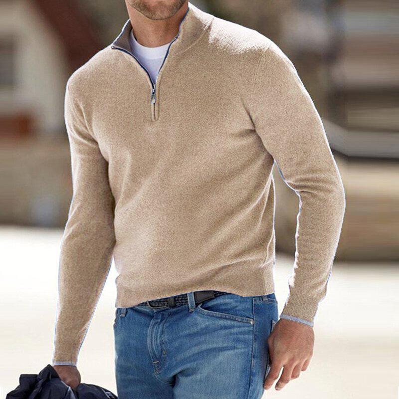 Men's half-zip knit sweater relaxed fit ribbed edges soft wool blend warm layering essential