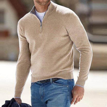 Men's half-zip knit sweater relaxed fit ribbed edges soft wool blend warm layering essential