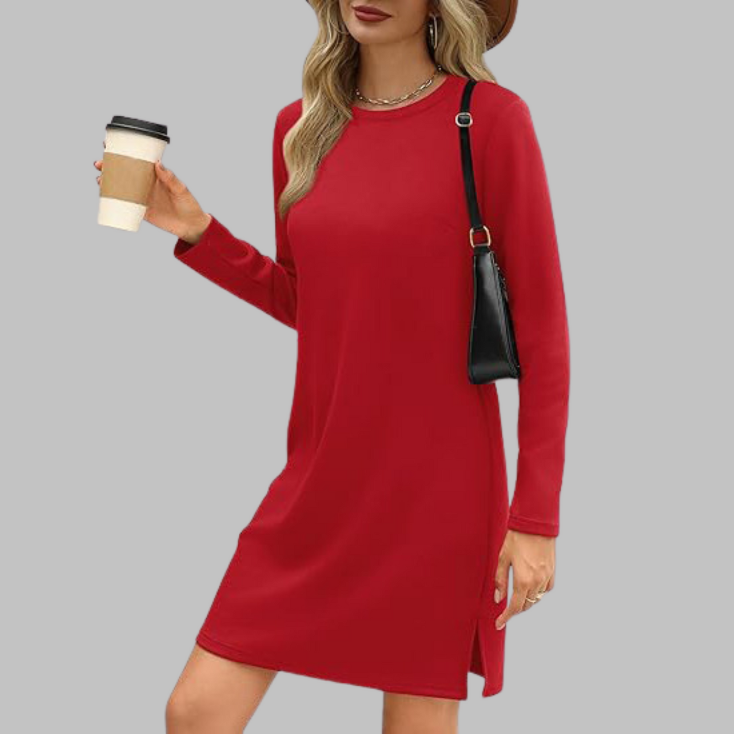 Alayah slim fit long sleeve round neck dress with tummy coverage for casual chic style