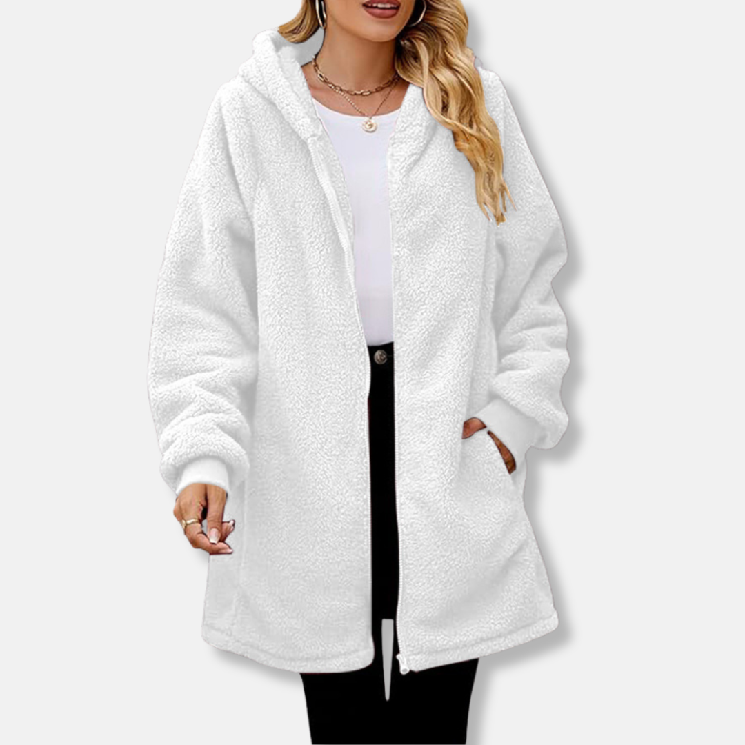 Women's plush oversized hooded zip jacket with front pockets, cozy fit for fall and winter warmth