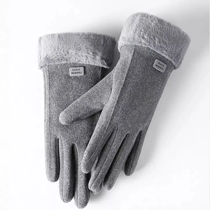 Black windproof knit winter gloves with plush lining and touchscreen-compatible fingertips