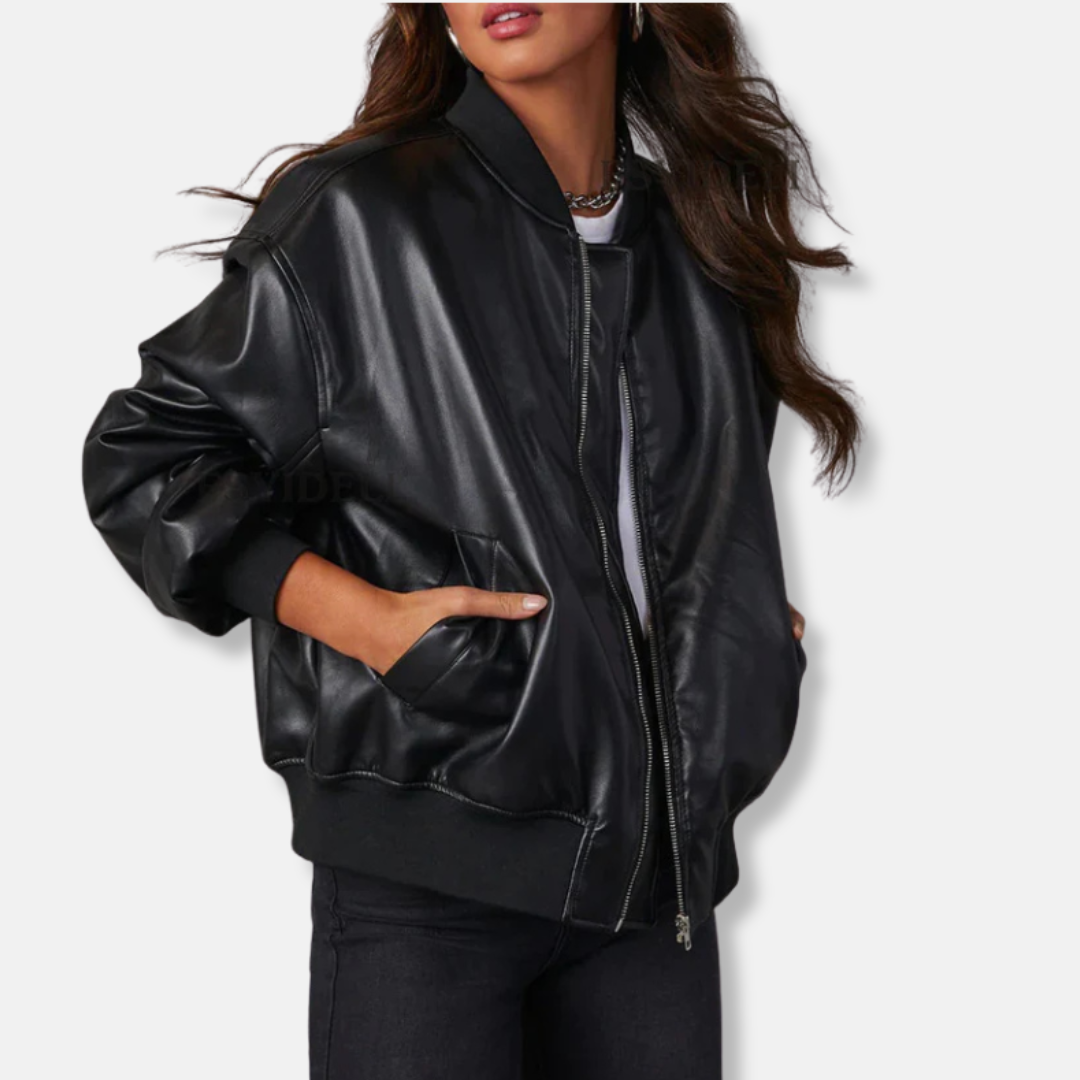 Women's black oversized PU leather jacket relaxed fit full zip closure bold edgy silhouette