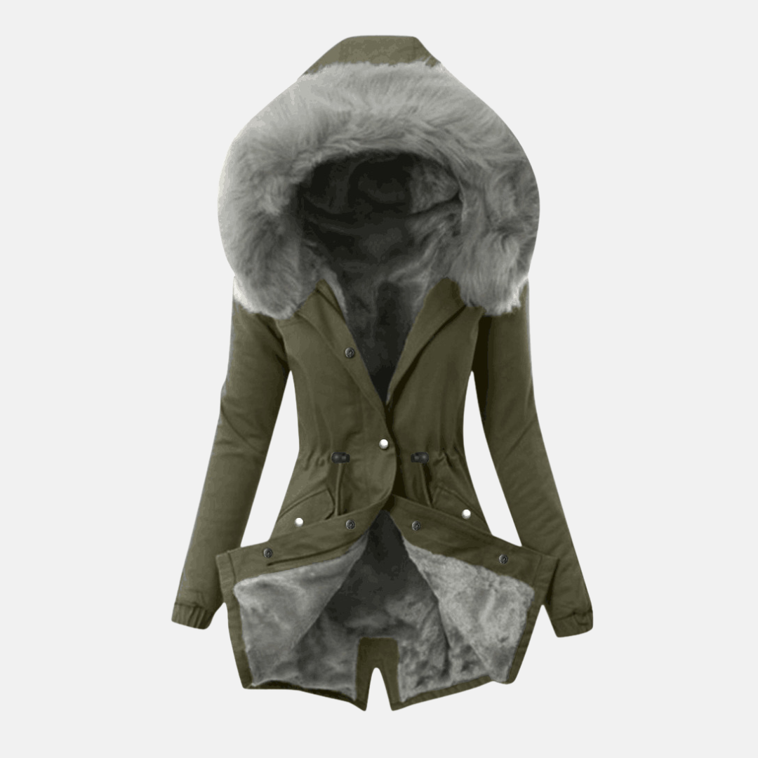Women's slim fit mid-length jacket with plush-lined hood, adjustable waist, and flap pockets