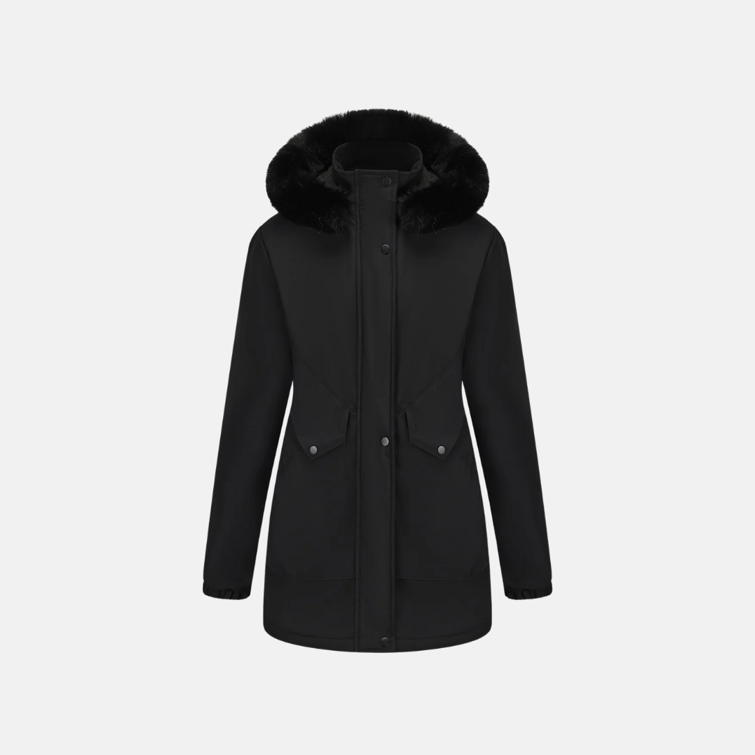 Women's mid-length parka jacket with faux fur hood, adjustable waist, and snap closure
