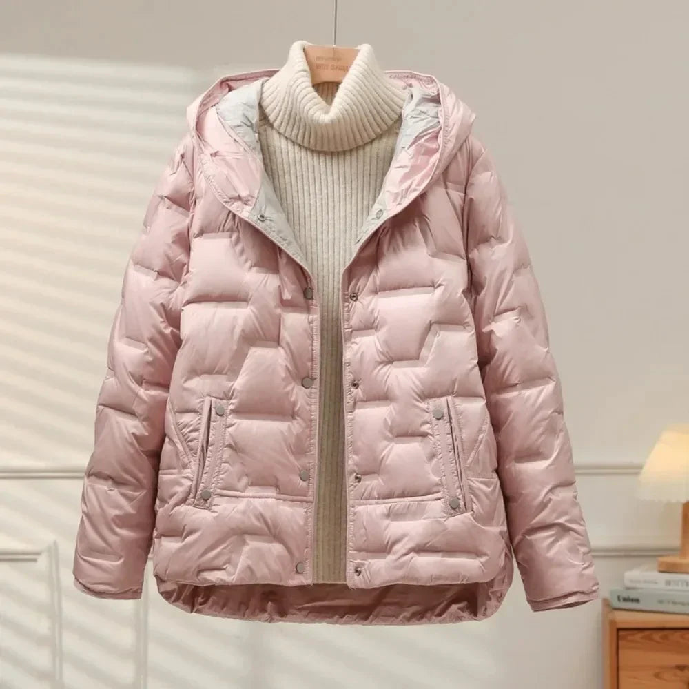 Women's quilted puffer coat in neutral tone, lightweight insulated down jacket with cozy chic silhouette