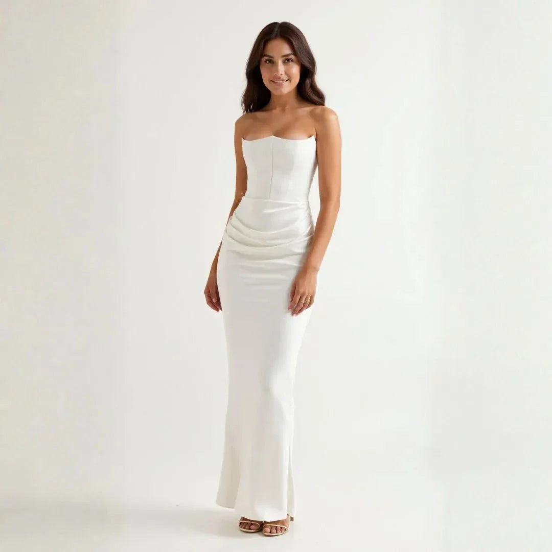 Addison strapless satin maxi dress floor-length sculpted bodice fluid drape elegant silhouette