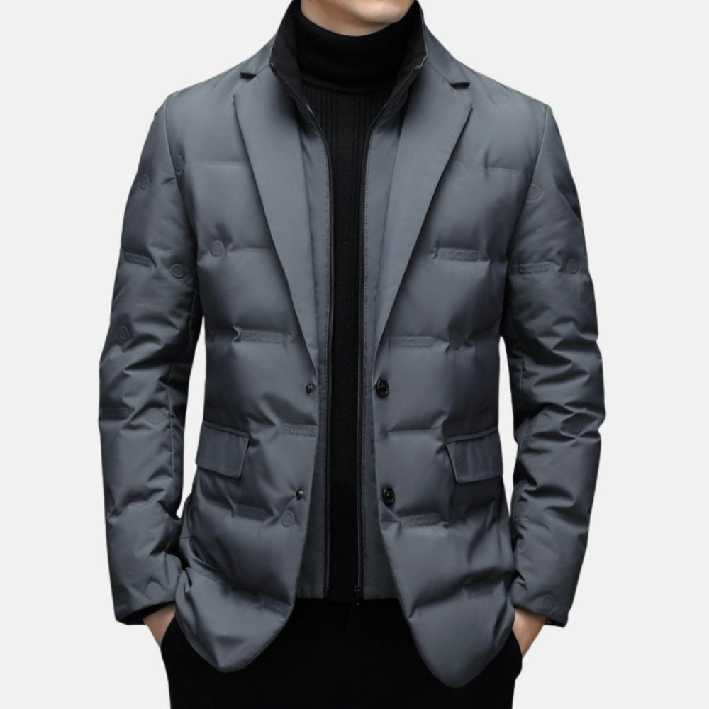 Men's quilted duck down jacket tailored fit two-button front insulated spring outerwear