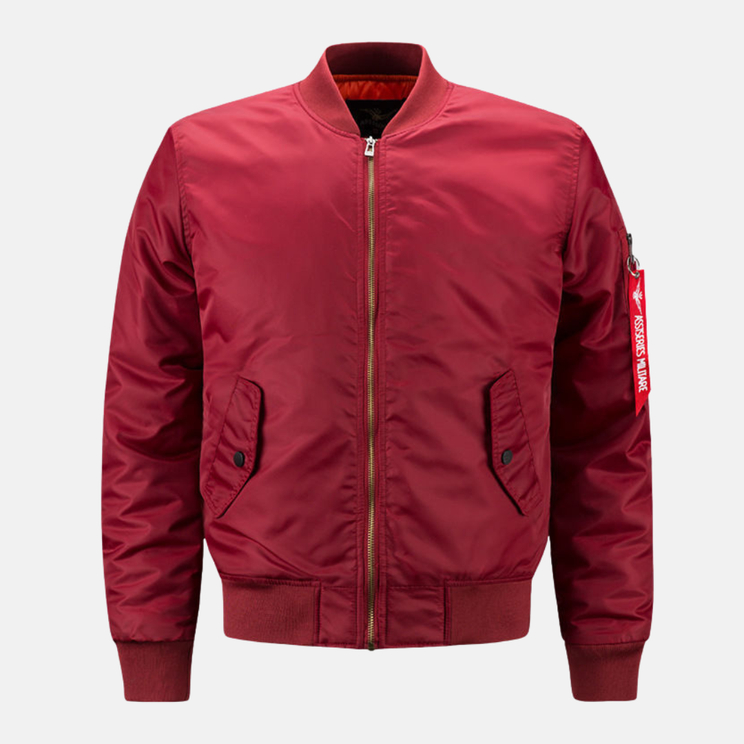 Men's navy relaxed-fit bomber jacket with ribbed cuffs and wind-resistant shell for everyday wear