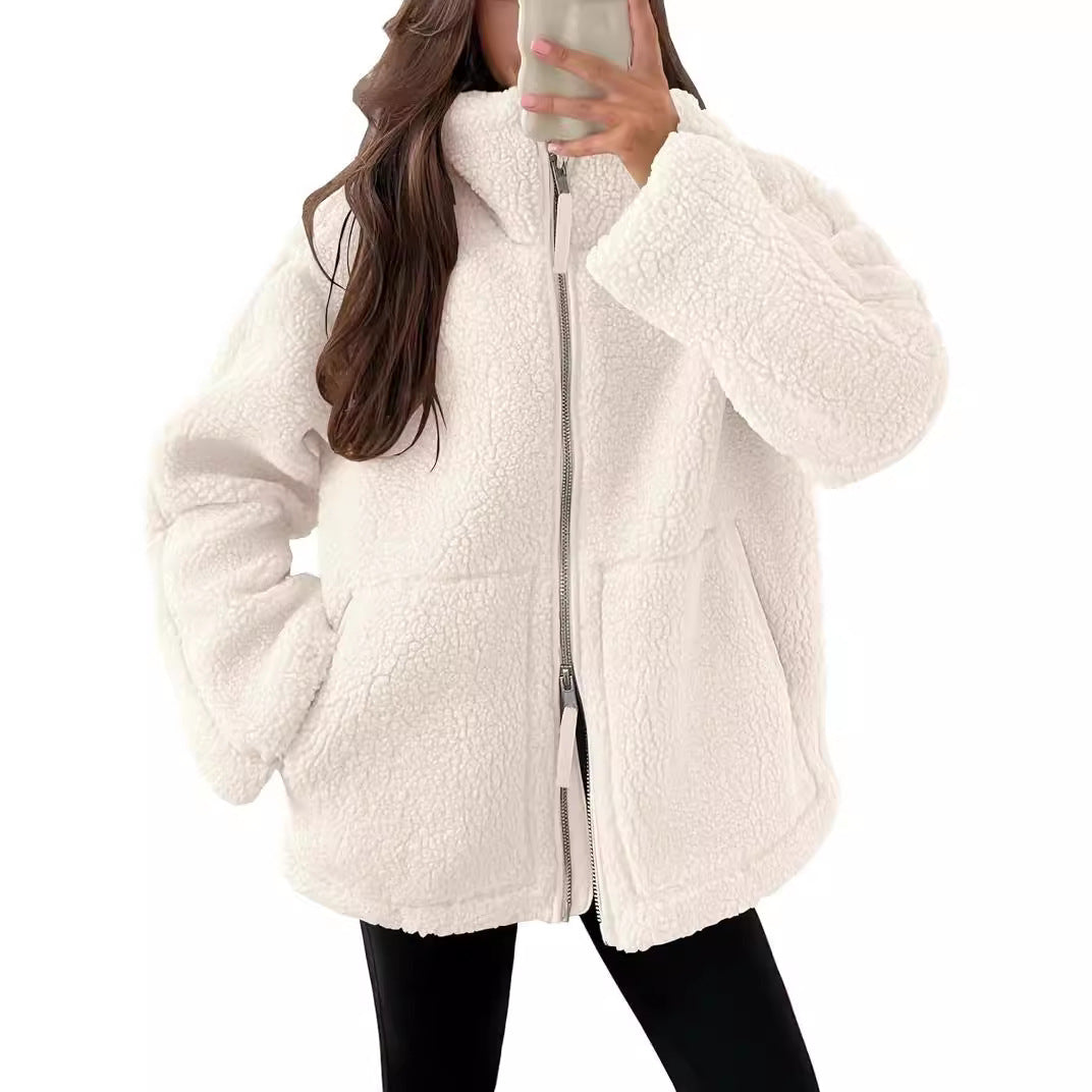 Women's wool blend zip-up jacket in neutral tone, relaxed modern fit with neat lapel collar