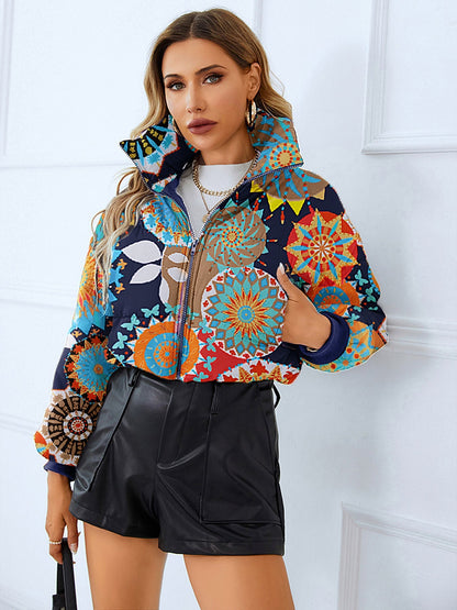 Women's short black puffer jacket slim fit with bold leopard skull print for edgy winter outerwear
