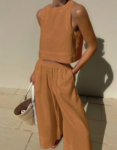 Women's linen two-piece set crop top wide-leg pants vibrant summer coordinated matching outfit