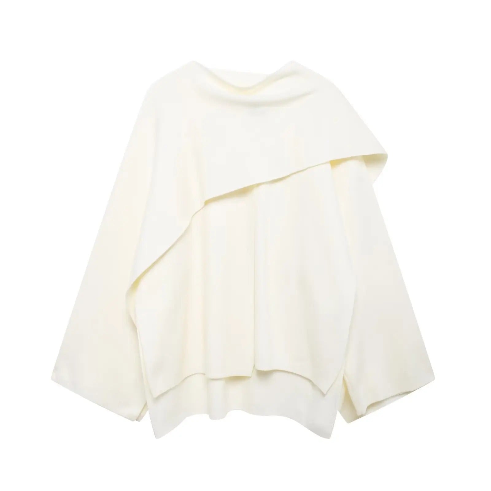 Elegant draped cape mantel in flowing silhouette with refined tailoring for effortless chic layering