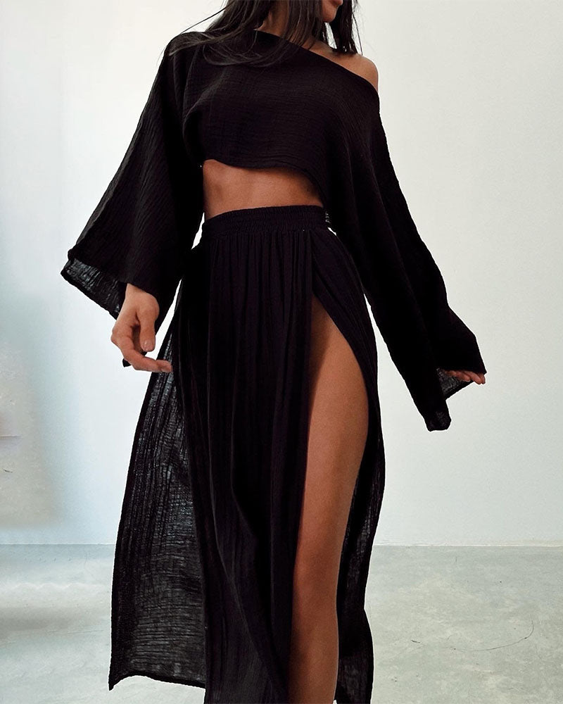 Ivory gauze two-piece set cropped wide-sleeve top and high-slit maxi skirt lightweight breathable fabric