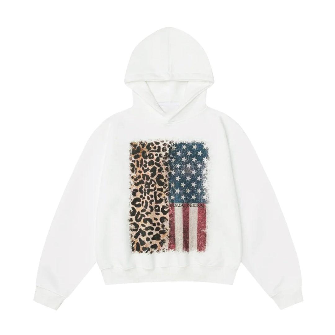Wavlynn Territory Hoodie gray distressed stars-and-stripes leopard print graphic long-sleeve pullover