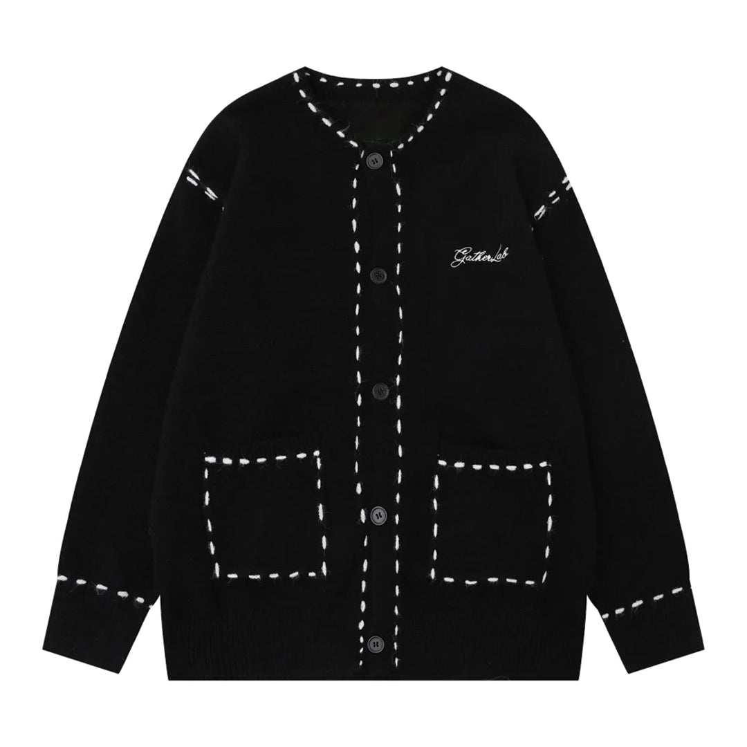 Relaxed-fit knitted cardigan with embroidered pocket and seam detailing, versatile layering staple