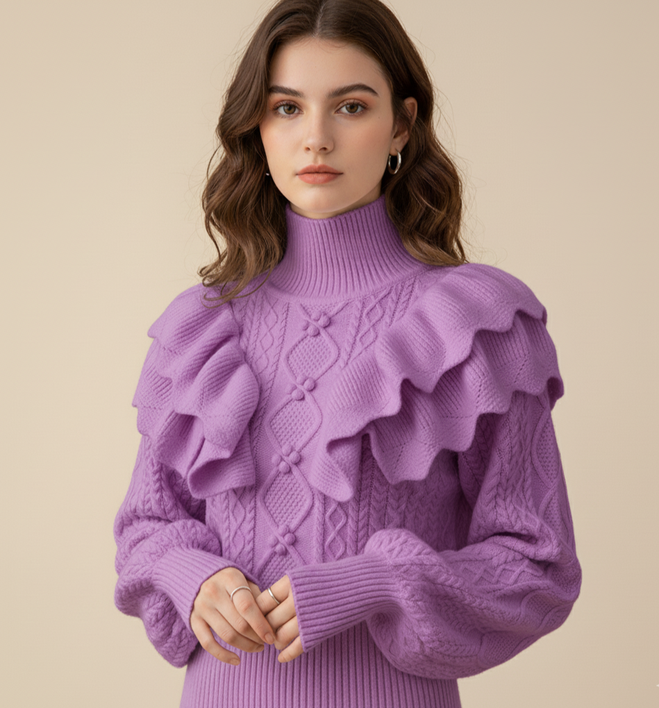 Women's cream cable knit high neck sweater with bold ruffled shoulder detail by Wavlynn