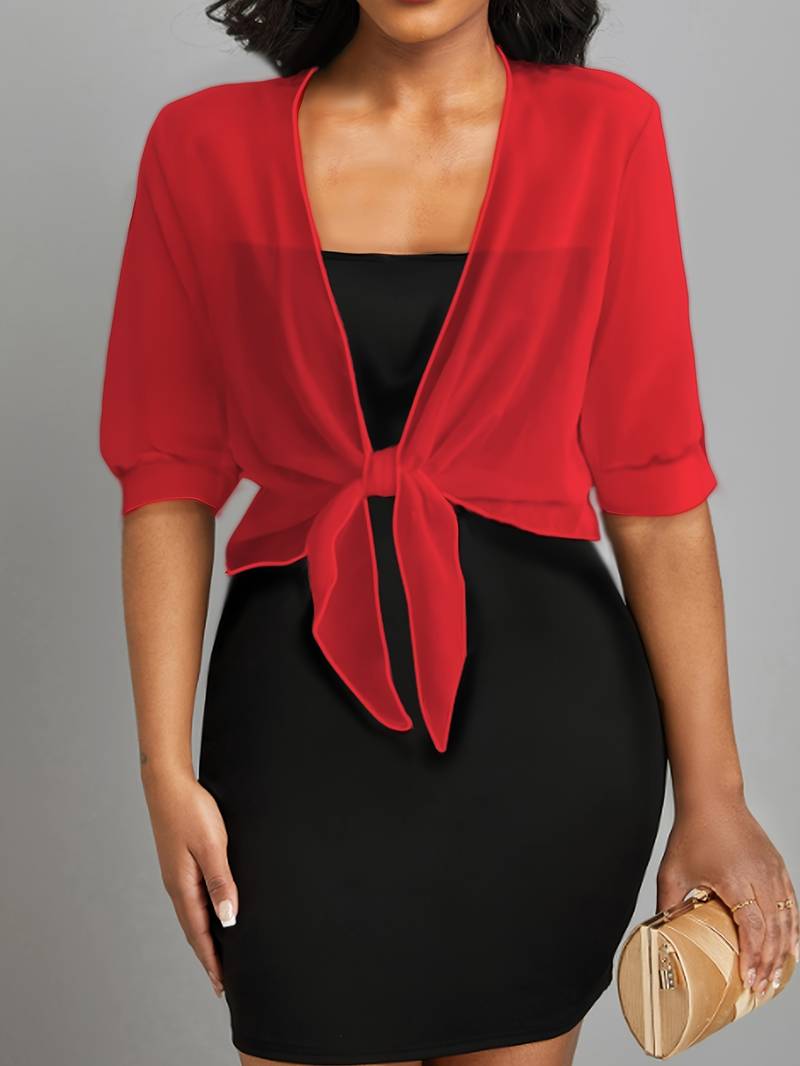 Women's sheer tie-front cardigan open cover-up, lightweight semi-sheer layer with self-tie waist