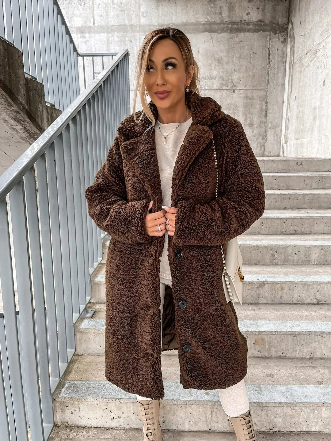 Women's ivory plush trench coat elegant cozy silhouette with cloud-soft insulating polyester fabric