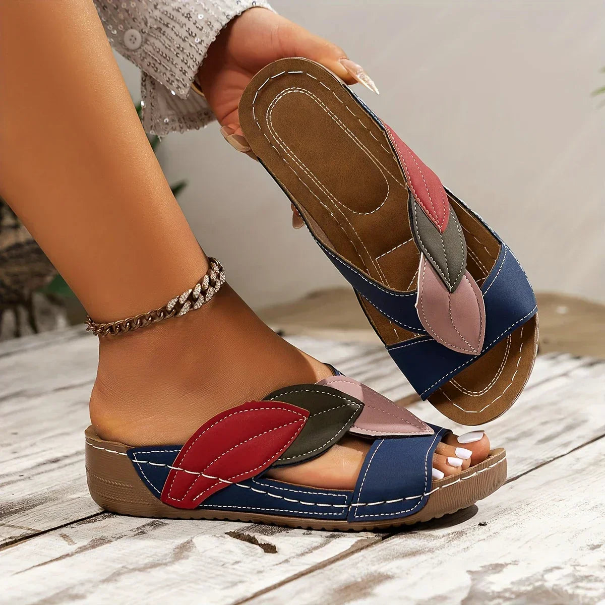 Women's white colorblock wedge slip-on sandals with red olive mauve leaf appliqué open toe