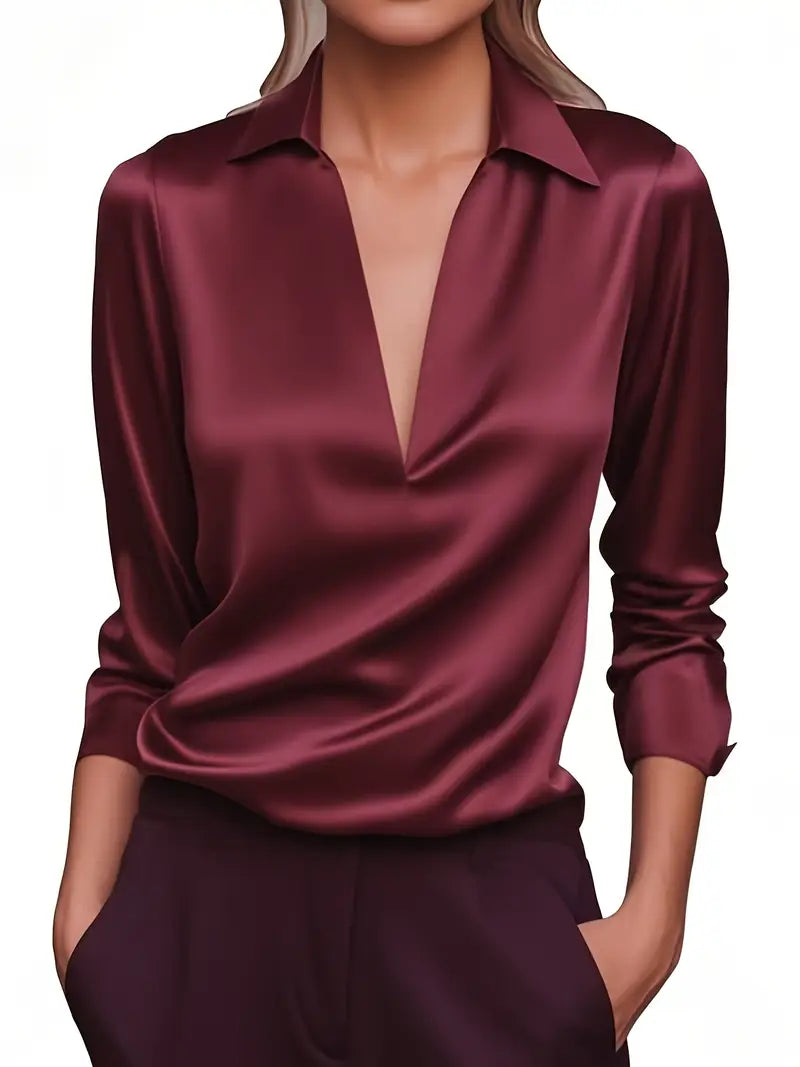 Premium V-neck satin blouse with elegant drape and flattering slimming neckline silhouette