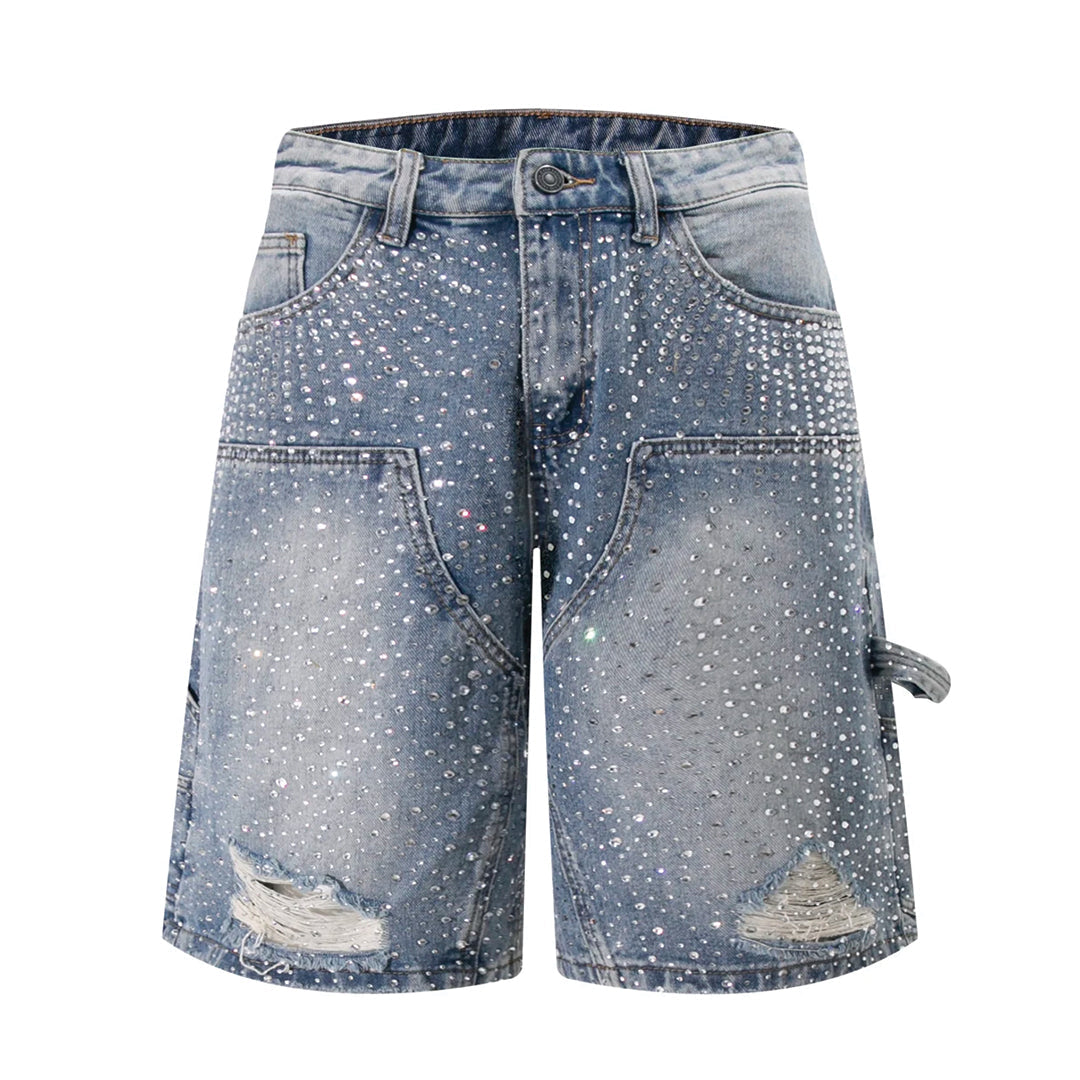 Blue washed denim knee-length shorts with crushed diamond rhinestone detailing and tonal distressing