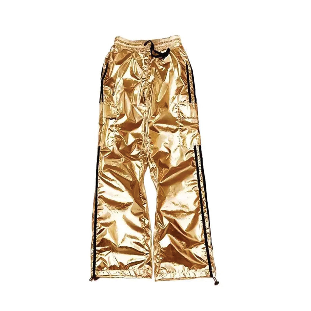 Metallic silver wide-leg jogger pants with side stripe zippers and adjustable drawstring waist