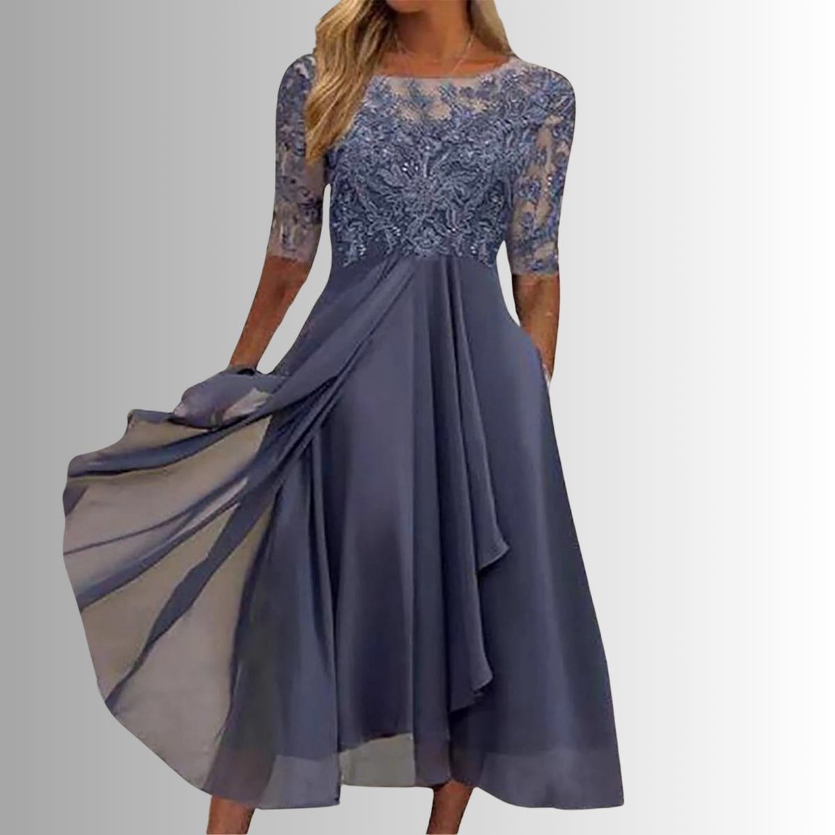 Elegant white lace dress with delicate lace bodice, timeless feminine silhouette for special occasions