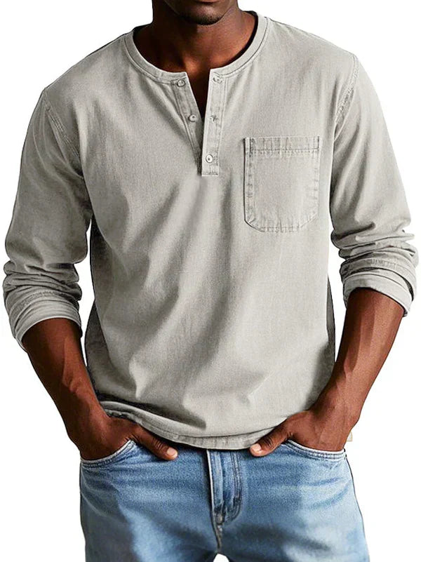 Men's classic indigo long sleeve Henley shirt with 3-button placket for relaxed everyday style