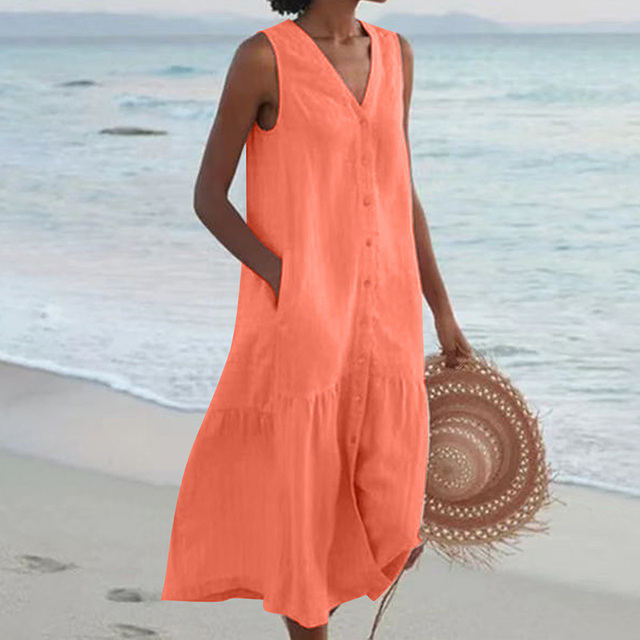 Sleeveless buttoned midi dress with slimming silhouette in elegant minimalist style
