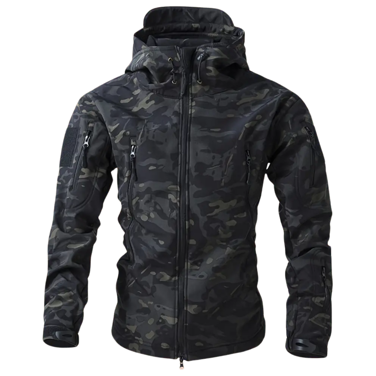 Black tactical windbreaker with slim athletic cut and reinforced zip-up collar for outdoor performance