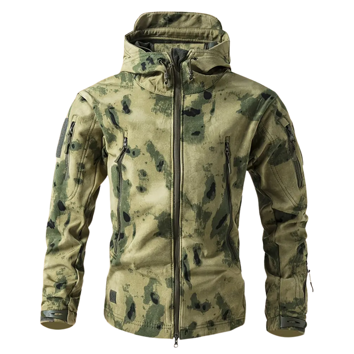 Black tactical windbreaker with zip-up closure and military-inspired utility pockets