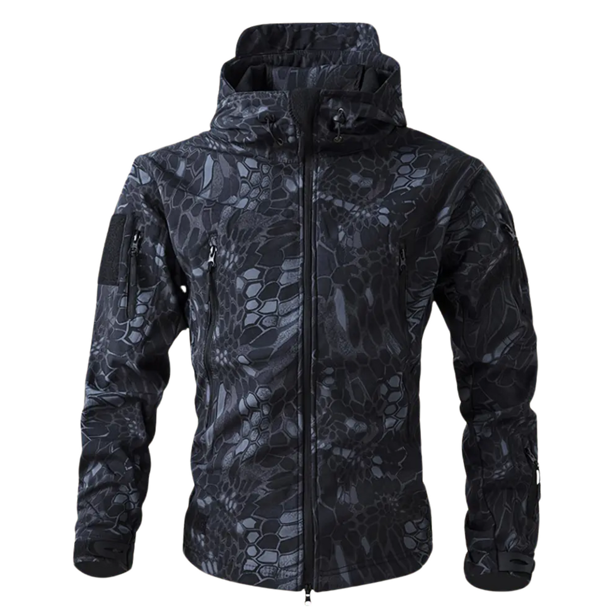Black tactical windbreaker jacket with rugged slim fit and reinforced weather-resistant panels
