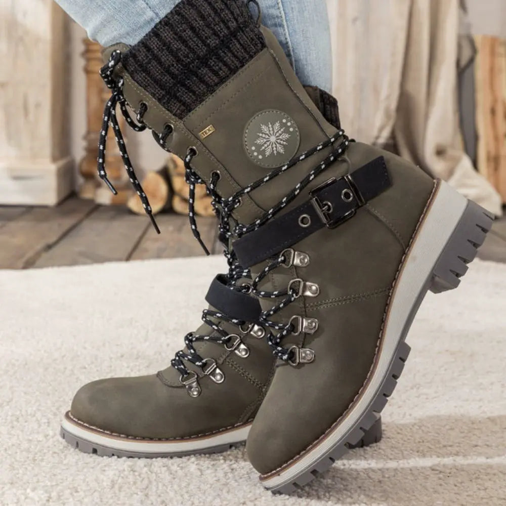 Women's brown leather lace-up winter boots with robust non-slip sole for secure all-season fit