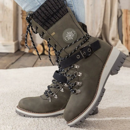 Women's brown leather lace-up winter boots with robust non-slip sole for secure all-season fit