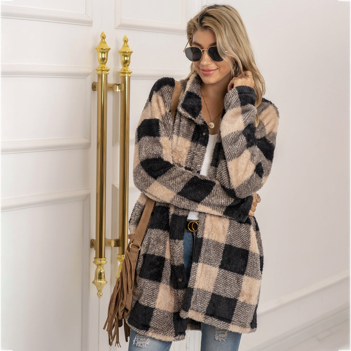 Women's longline colorblock plaid fleece coat, cozy warm winter essential with bold pattern
