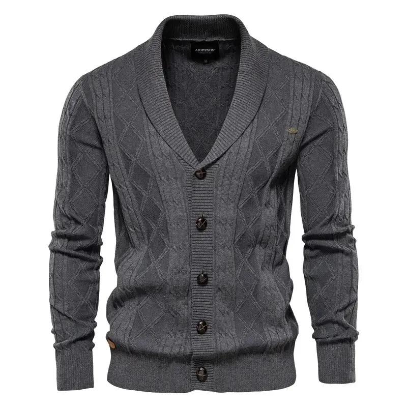 Cambridge Heritage Cardigan in classic diamond knit with cozy shawl collar and button-up sleek fit