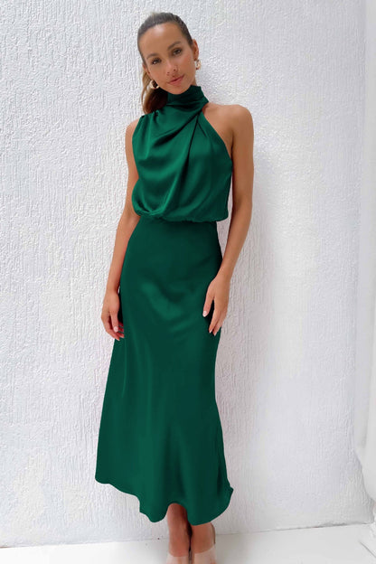 Diane satin maxi dress in elegant drape silhouette, perfect for weddings and summer events