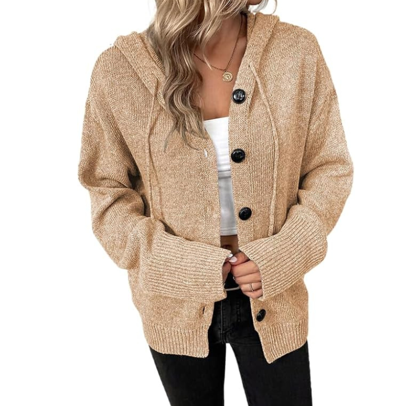 Women's cozy knit hooded cardigan relaxed fit winter casual style warm soft fabric